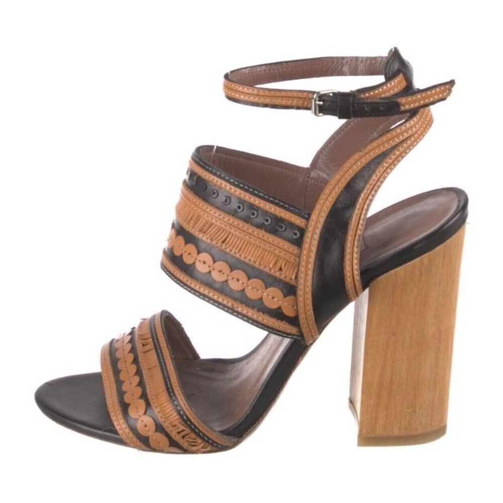 Tabitha Simmons Authentic Black Brown Leather Block Heels Sandals 7 Italy